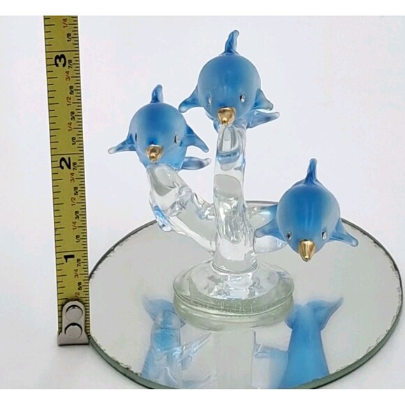 Vtg Blue Dolphins Glass Figurine Dolphin Trio on Mirror Base 3 1/4in tall" - Picture 10 of 13